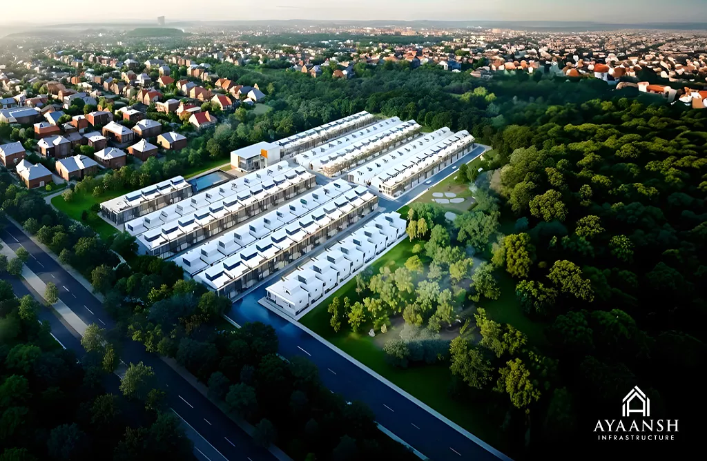 Aerial View of a Modern Residential Township Beside Lush Forest