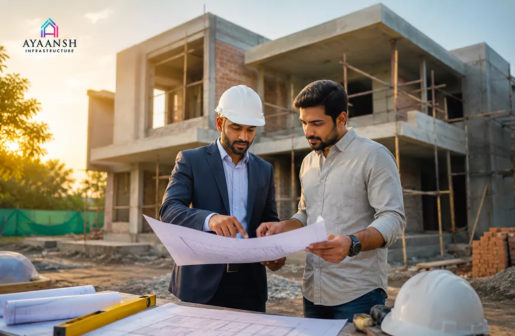 Engineers Reviewing Plans at a Modern Construction Site in Vizag.