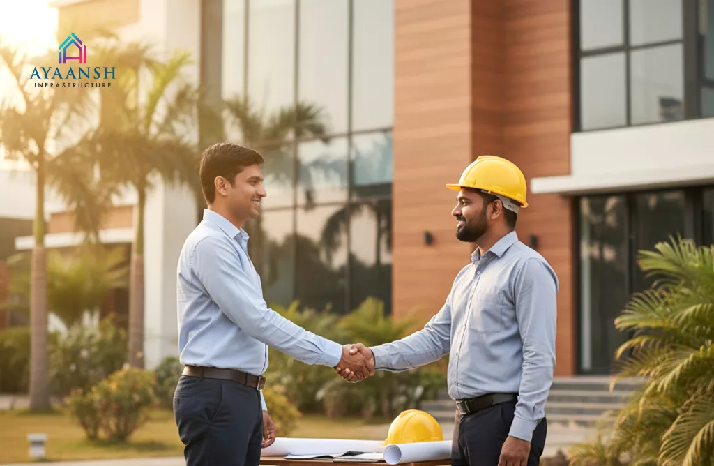 Engineers Shaking Hands Outside Modern Office Building