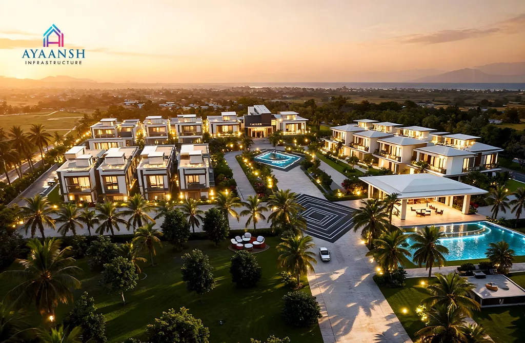 Evening Aerial View of a Luxury Villa with Pools