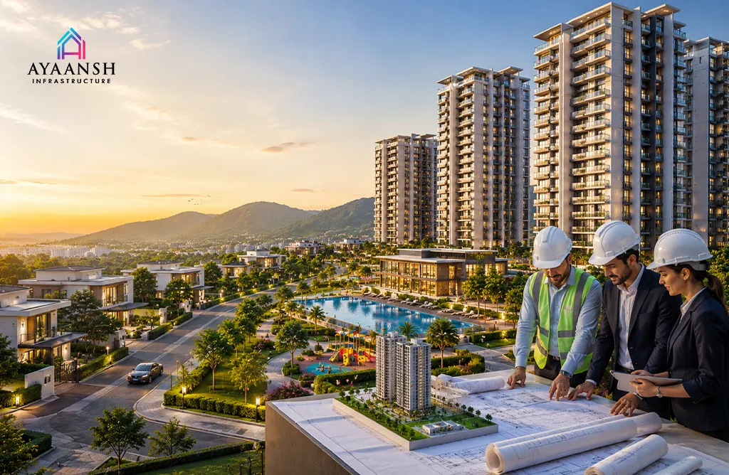 Luxury Apartment Project by Residential Builders in Visakhapatnam Featuring Swimming Pools, Landscaped Gardens, and Modern Urban Living.