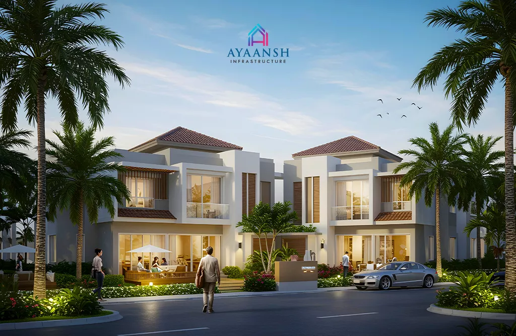 Luxury White Villas with Gardens and Palm Trees at Sunset