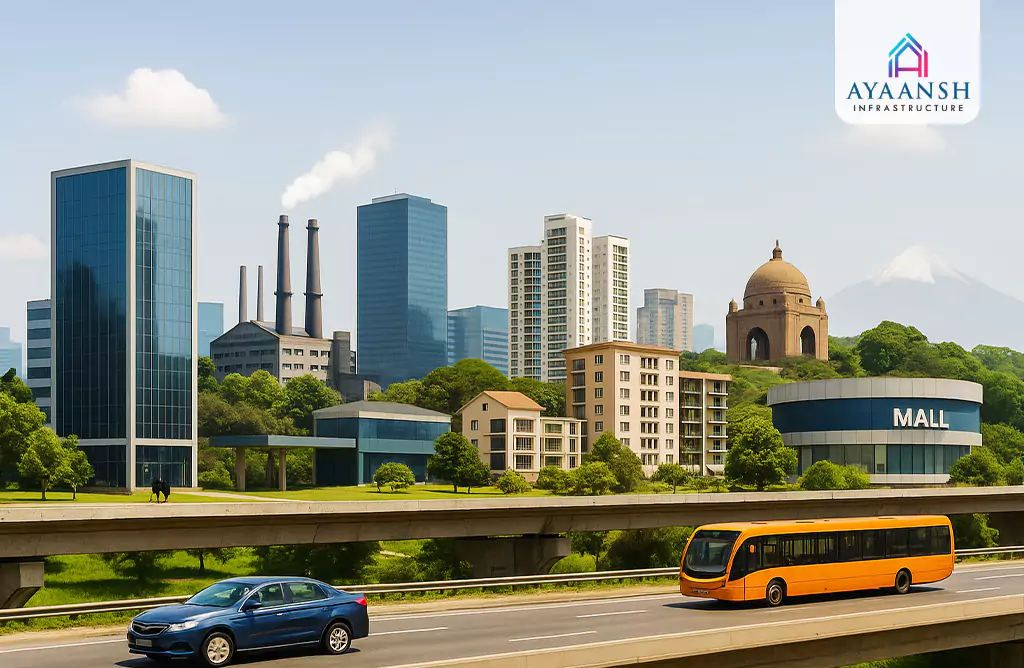 Modern Cityscape with Buildings, Mall and Transport